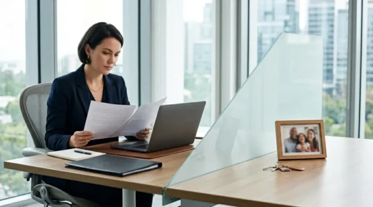 Un entrepreneur travaillant dans son bureau avec une représentation symbolique de la séparation entre patrimoine professionnel et personnel