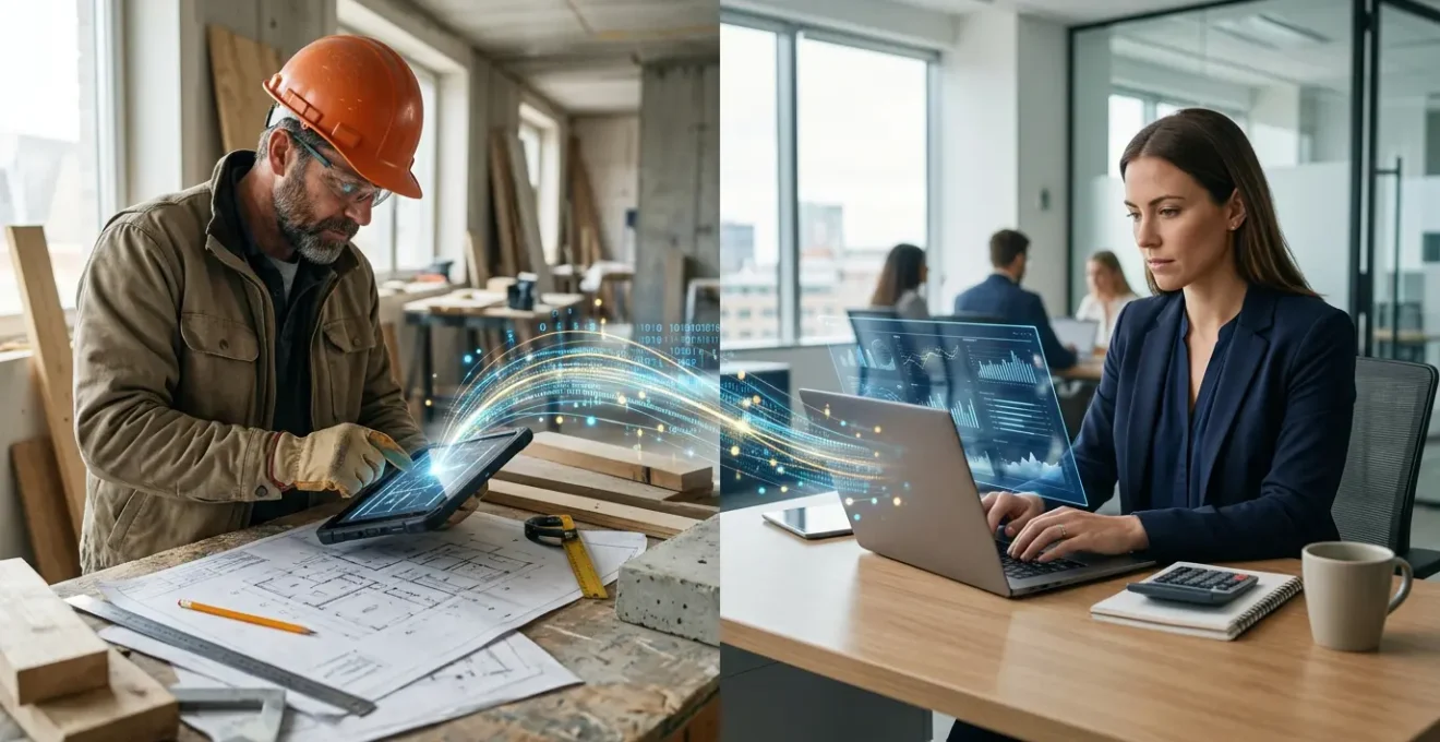 Artisan du bâtiment analysant des documents financiers avec son expert-comptable dans un environnement hybride bureau et chantier