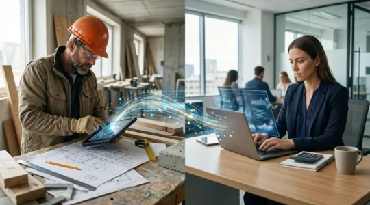 Artisan du bâtiment analysant des documents financiers avec son expert-comptable dans un environnement hybride bureau et chantier