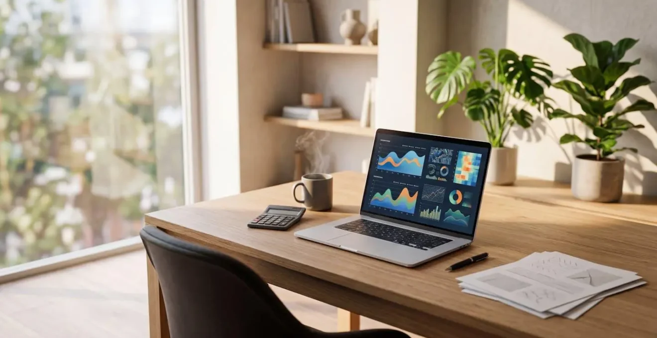 Bureau professionnel avec documents comptables et calculatrice dans un environnement de travail ordonné