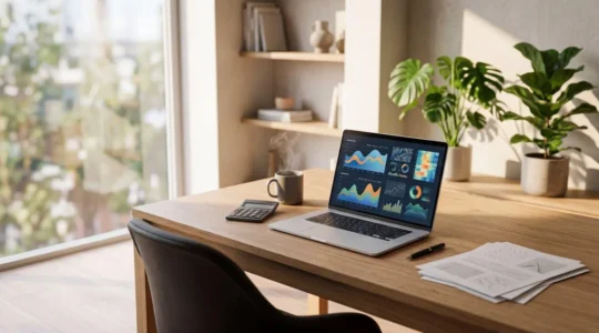 Bureau professionnel avec documents comptables et calculatrice dans un environnement de travail ordonné