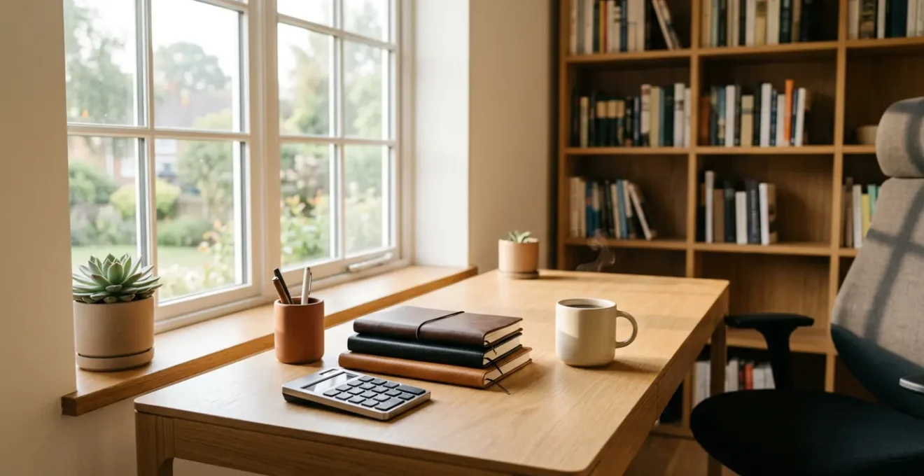 Vue d'ambiance bureau moderne avec calculatrice et carnets pour calcul de taux horaire freelance