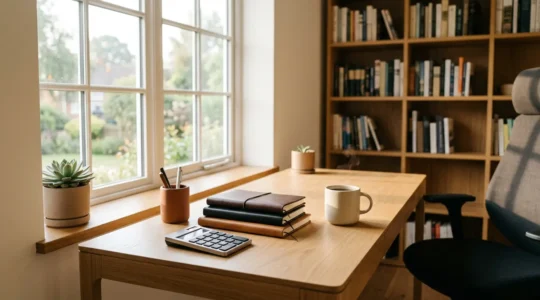 Vue d'ambiance bureau moderne avec calculatrice et carnets pour calcul de taux horaire freelance