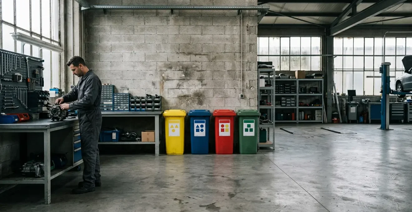 Mécanicien professionnel dans un garage automobile moderne et organisé avec système de tri des déchets