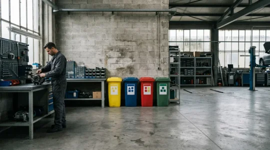 Mécanicien professionnel dans un garage automobile moderne et organisé avec système de tri des déchets