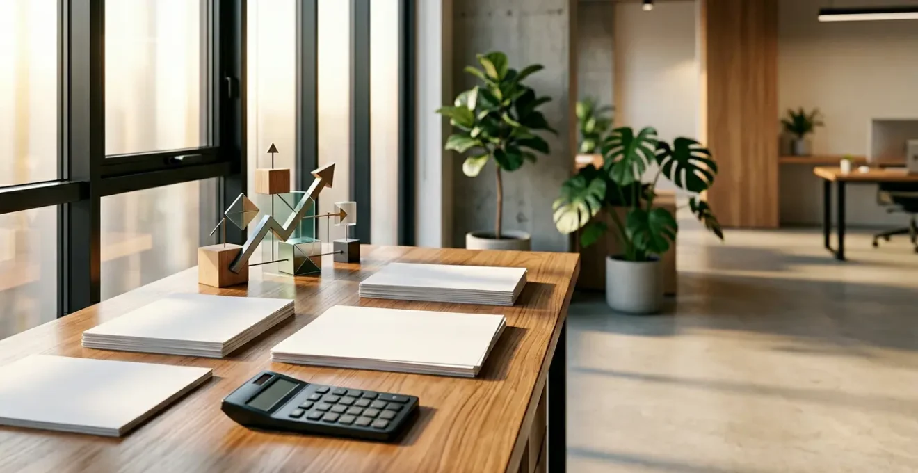 Vue d'ensemble d'un bureau moderne avec tableau de trésorerie prévisionnelle et outils de gestion financière