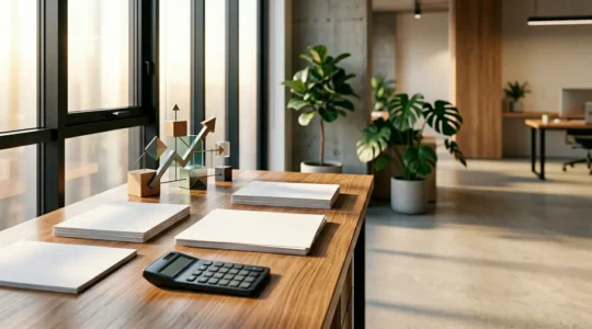 Vue d'ensemble d'un bureau moderne avec tableau de trésorerie prévisionnelle et outils de gestion financière