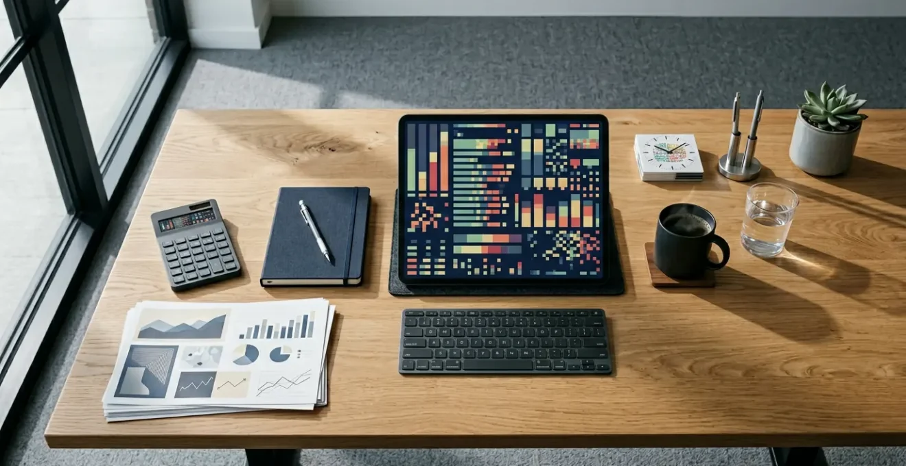 Vue aérienne d'un bureau moderne avec des documents financiers, une calculatrice et des graphiques de trésorerie sur un bureau en bois, éclairage naturel par une fenêtre