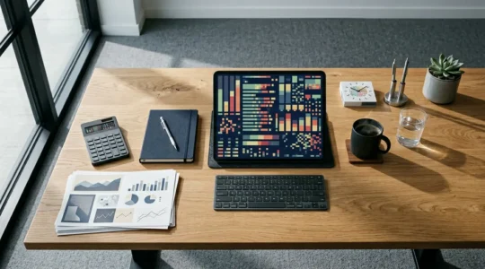 Vue aérienne d'un bureau moderne avec des documents financiers, une calculatrice et des graphiques de trésorerie sur un bureau en bois, éclairage naturel par une fenêtre