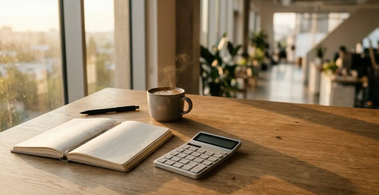 Bureau organisé d'un micro-entrepreneur avec cahier de comptabilité, calculatrice et café