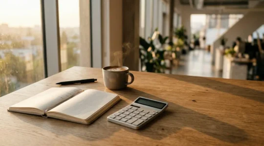 Bureau organisé d'un micro-entrepreneur avec cahier de comptabilité, calculatrice et café
