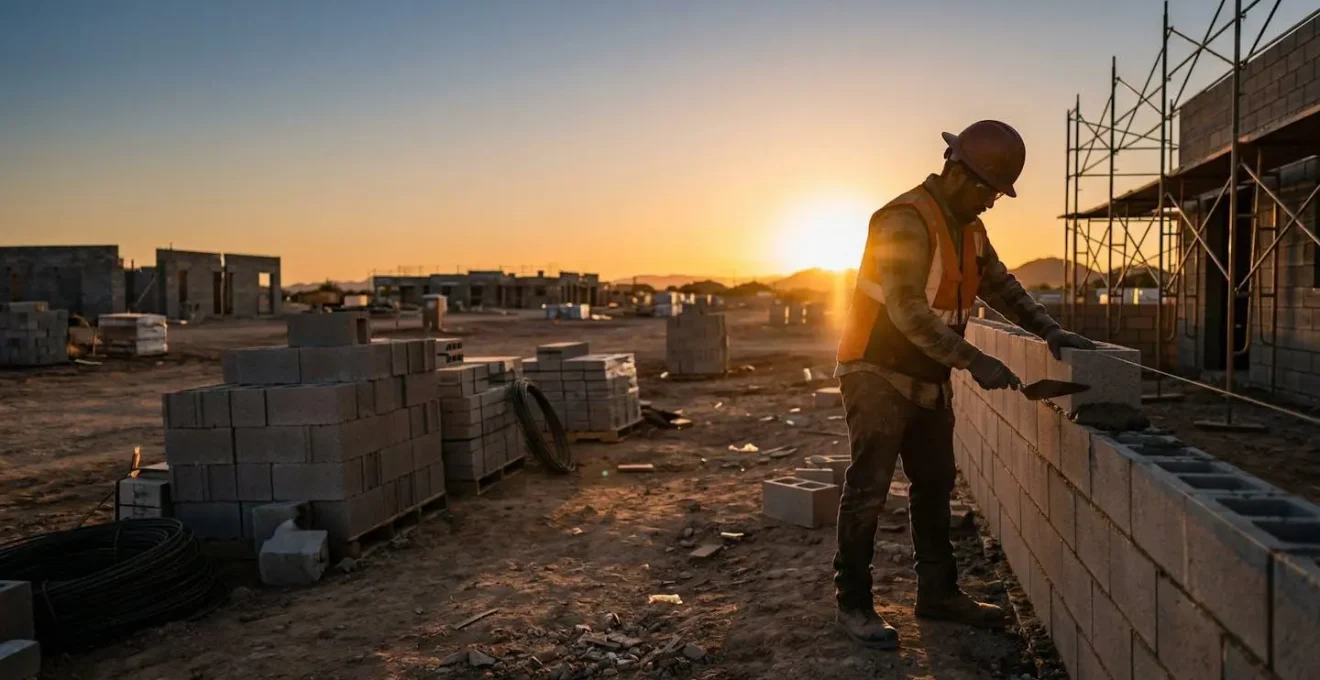 Maçon indépendant travaillant sur un chantier avec équipement de sécurité et outils de prévention des risques physiques