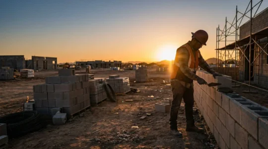 Maçon indépendant travaillant sur un chantier avec équipement de sécurité et outils de prévention des risques physiques