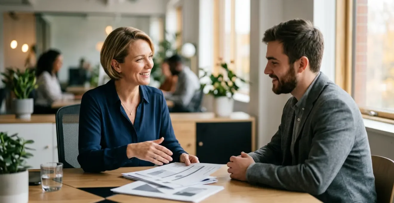 Échange constructif entre responsable RH et salarié dans un bureau moderne
