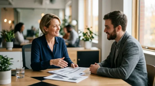 Échange constructif entre responsable RH et salarié dans un bureau moderne