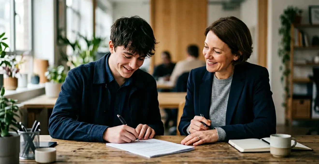 Signature d'un contrat d'apprentissage entre un employeur et un jeune apprenti dans un bureau professionnel