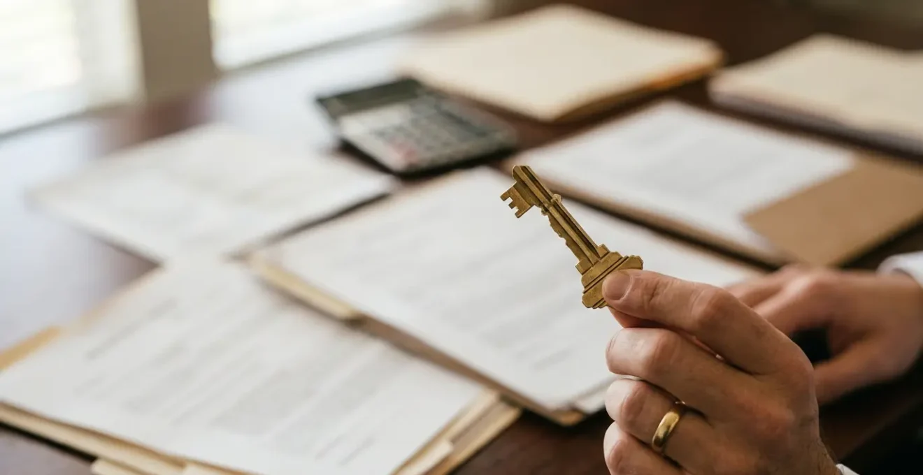 Main d'entrepreneur tenant une clé de maison avec documents juridiques et calculatrice floue en arrière-plan