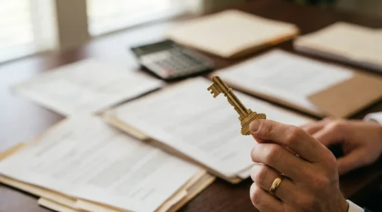 Main d'entrepreneur tenant une clé de maison avec documents juridiques et calculatrice floue en arrière-plan