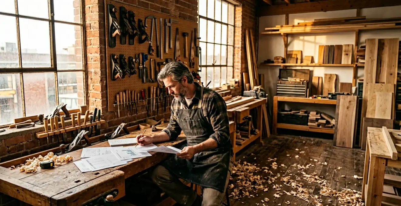 Vue grand angle d'un atelier artisanal lumineux avec un homme quadragénaire consultant des plans de financement sur une grande table en bois, outils professionnels organisés en arrière-plan