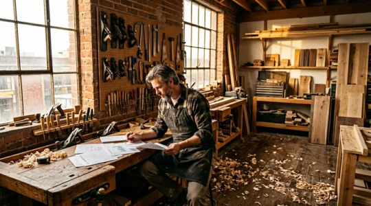 Vue grand angle d'un atelier artisanal lumineux avec un homme quadragénaire consultant des plans de financement sur une grande table en bois, outils professionnels organisés en arrière-plan
