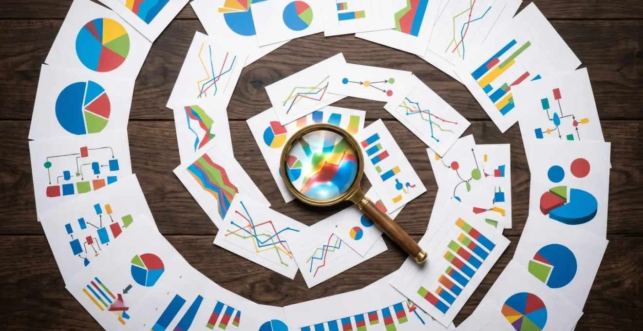 Vue aérienne de documents comptables avec graphiques colorés abstraits