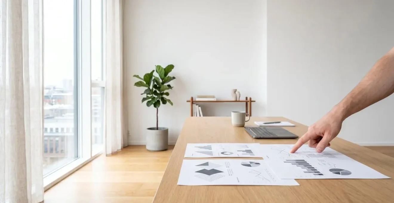 Bureau minimaliste avec documents financiers et espace de travail épuré