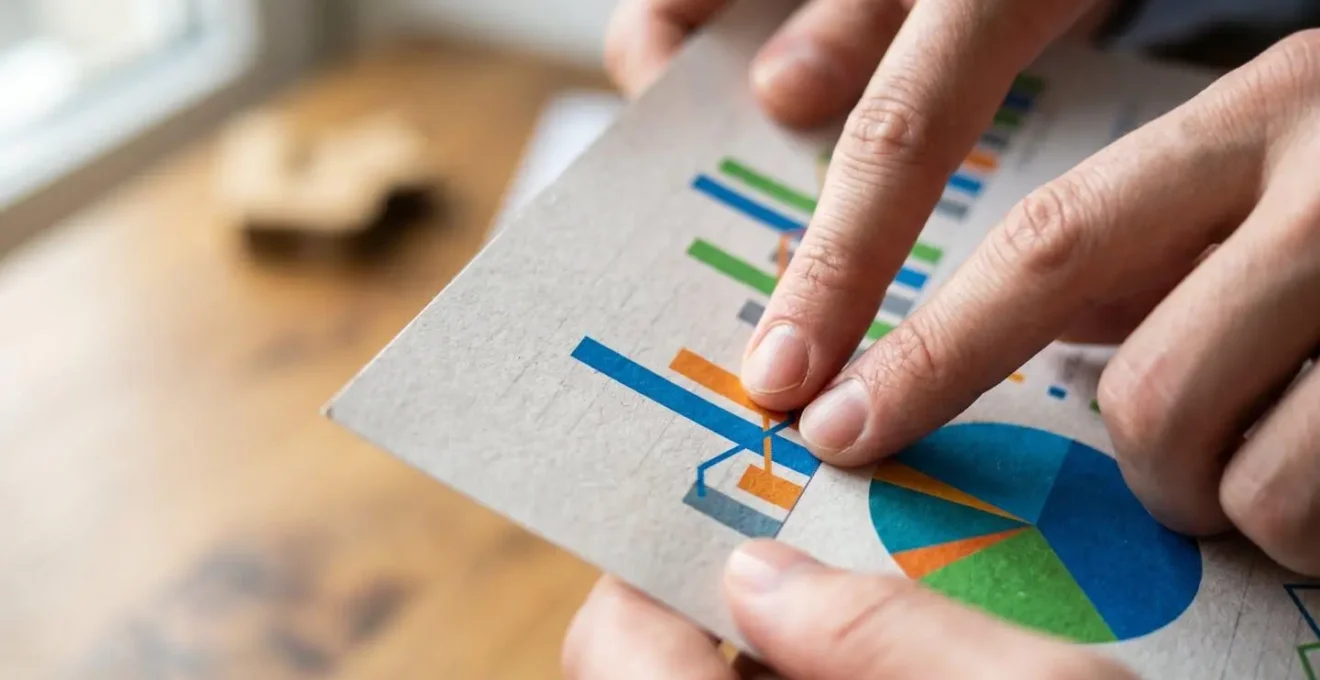 Mains professionnelles analysant des graphiques financiers abstraits sur papier