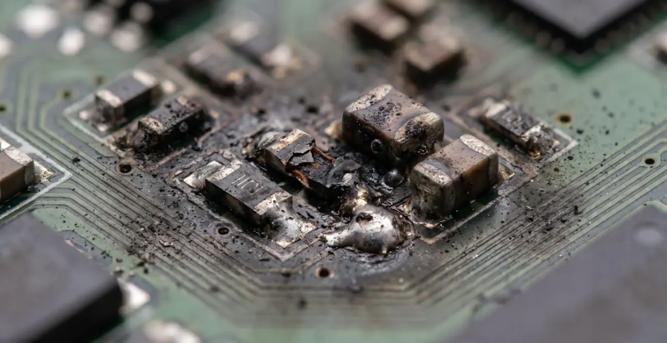 Vue macro de composants électroniques domotiques montrant des traces de surchauffe