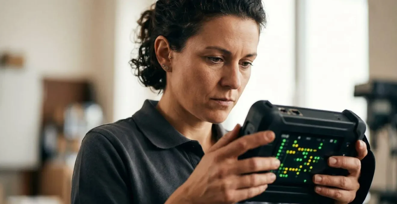 Technicien utilisant un analyseur de spectre Wi-Fi pour diagnostic réseau