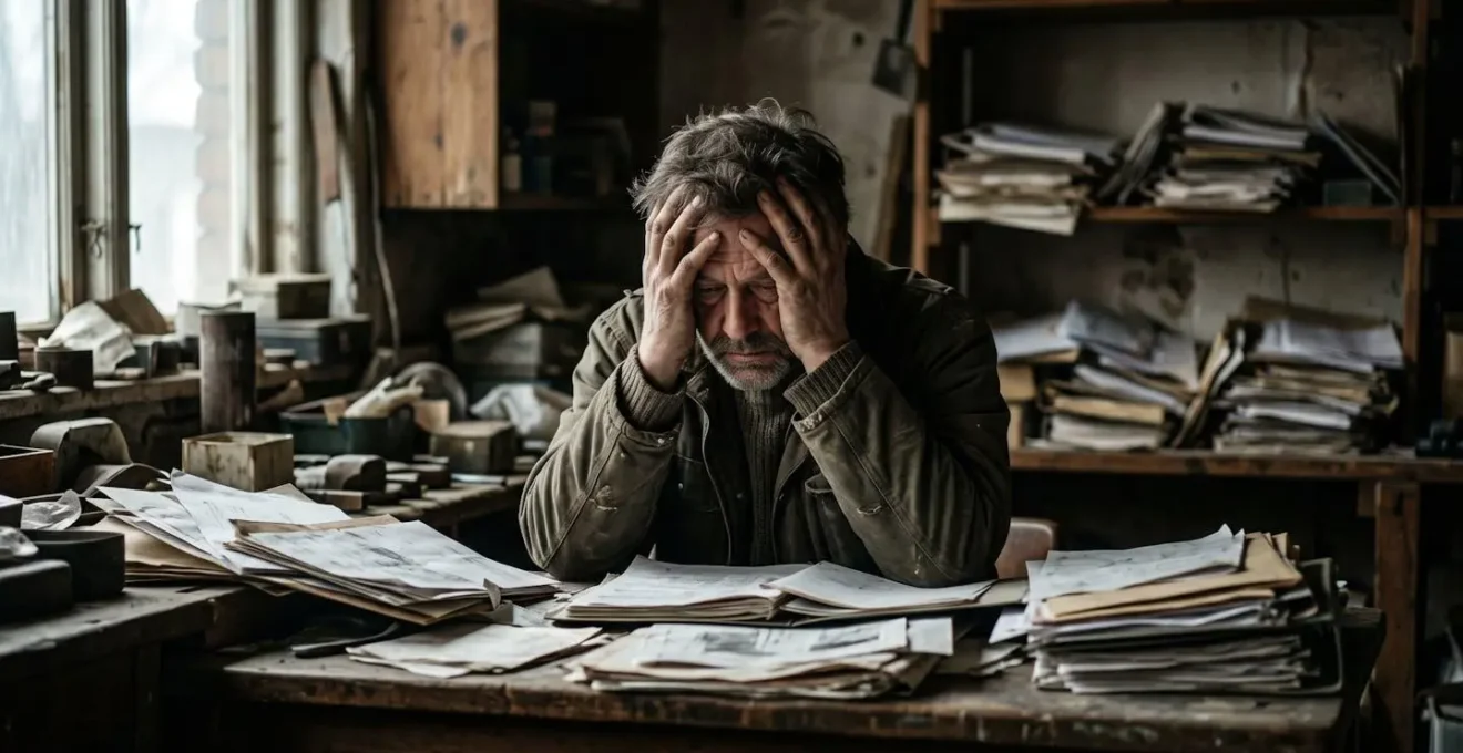 Artisan submergé par la paperasse administrative dans son bureau