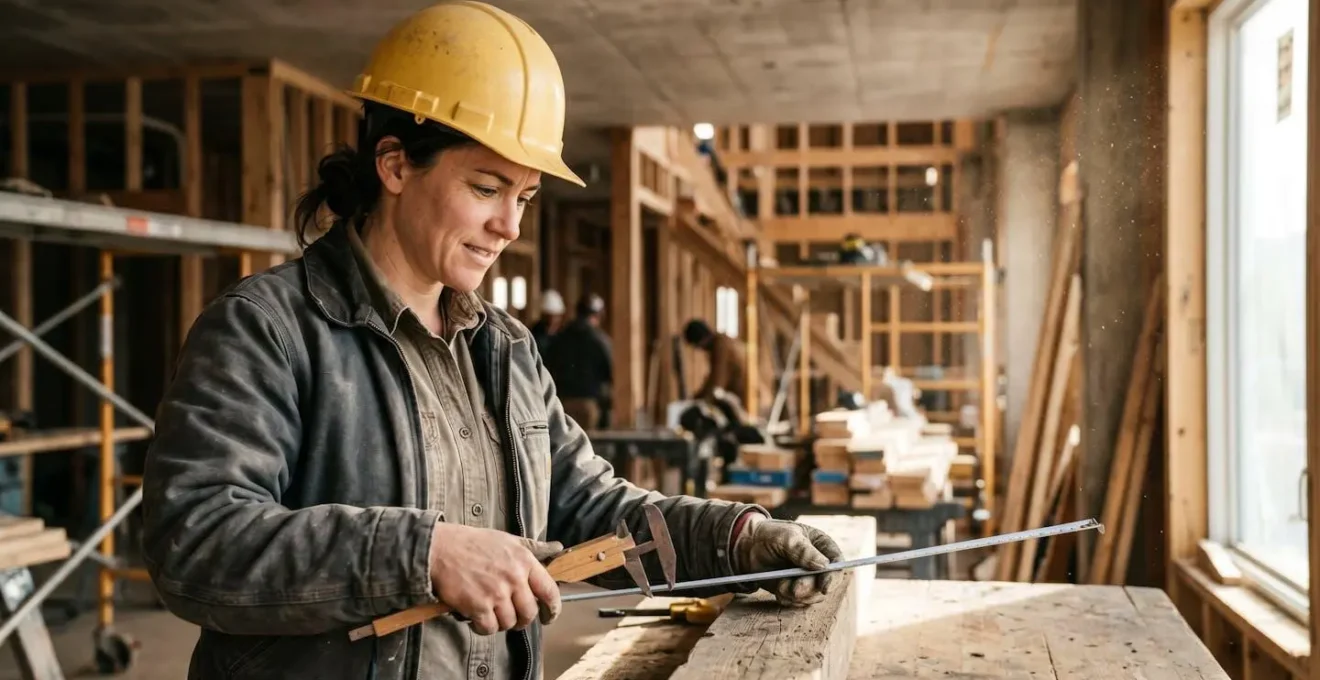 Artisan examinant des plans de rénovation sur un chantier avec outils et matériaux en arrière-plan