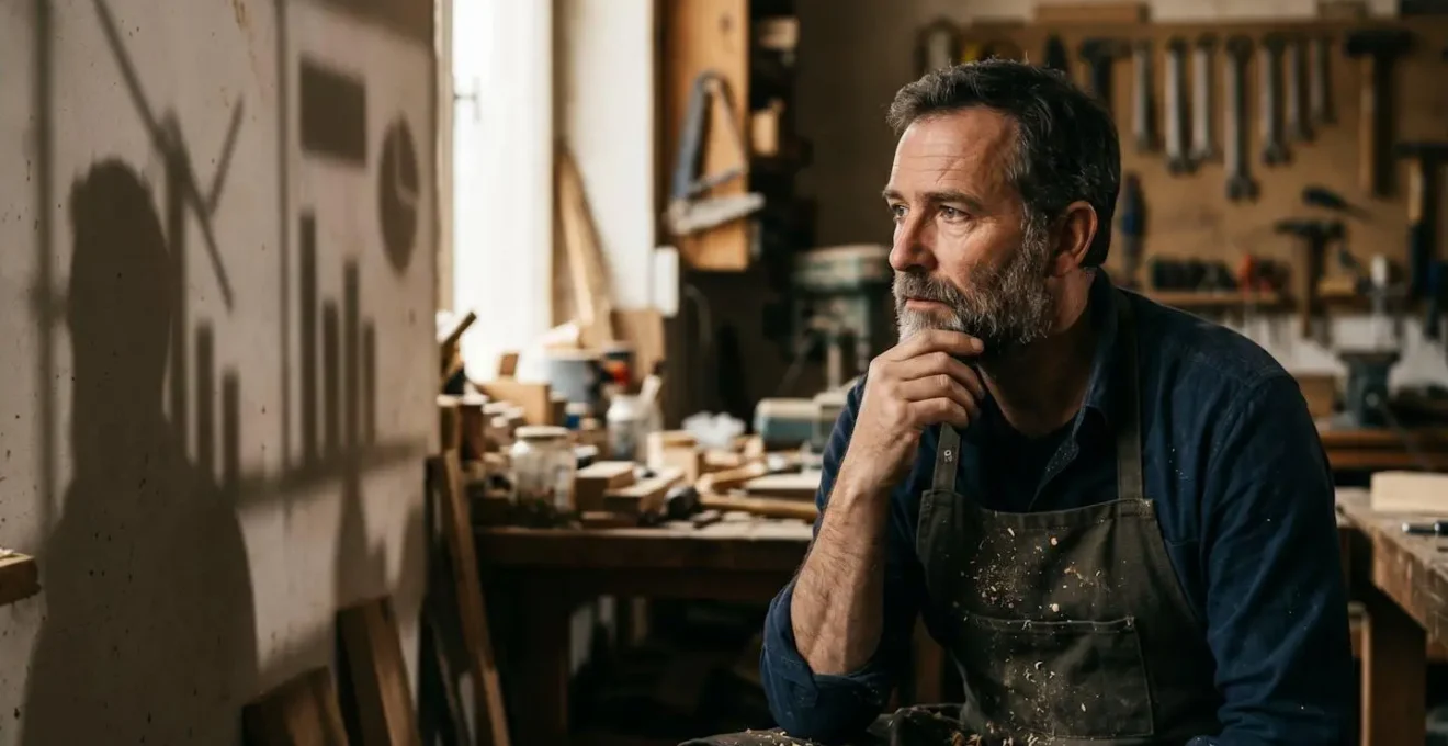 Portrait d'un artisan concentré analysant des graphiques abstraits dans son atelier