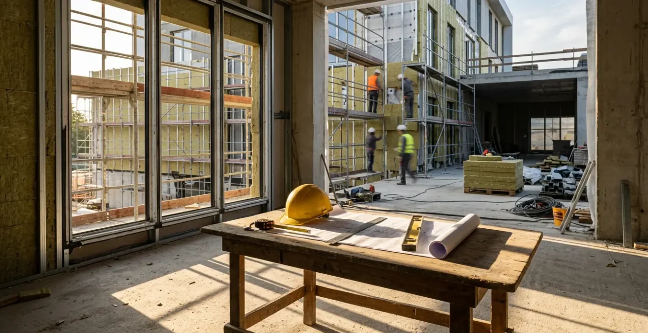 Artisan en rénovation énergétique gérant des documents administratifs sur un chantier d'isolation thermique