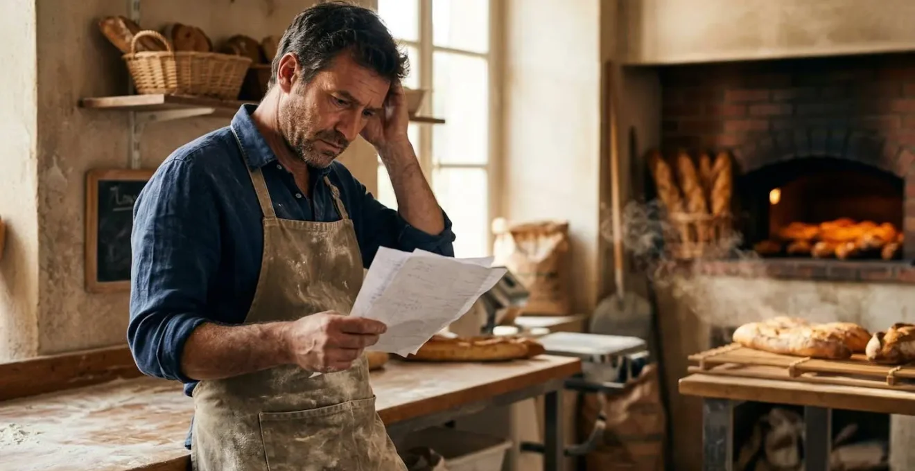 Boulanger analysant ses factures d'électricité avec un four traditionnel en arrière-plan flou