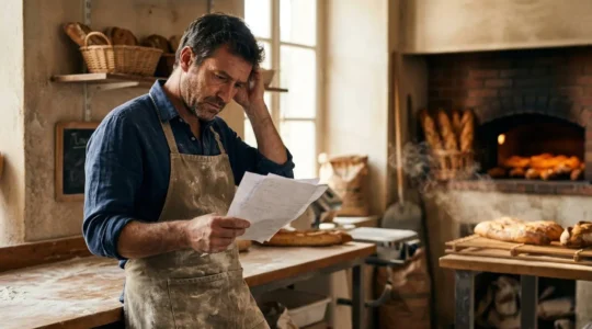 Boulanger analysant ses factures d'électricité avec un four traditionnel en arrière-plan flou