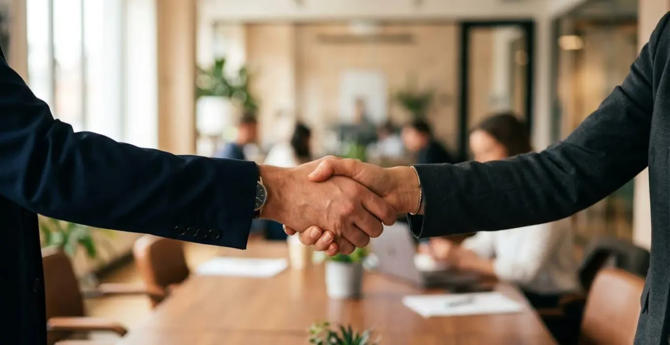 Poignée de main professionnelle dans un bureau moderne avec documents flous en arrière-plan