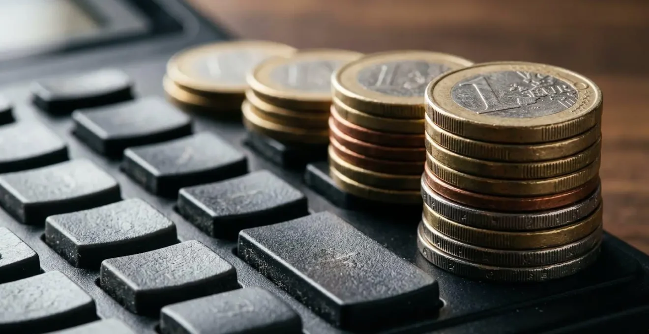 Vue macro d'une calculatrice professionnelle avec des pièces d'euros disposées autour