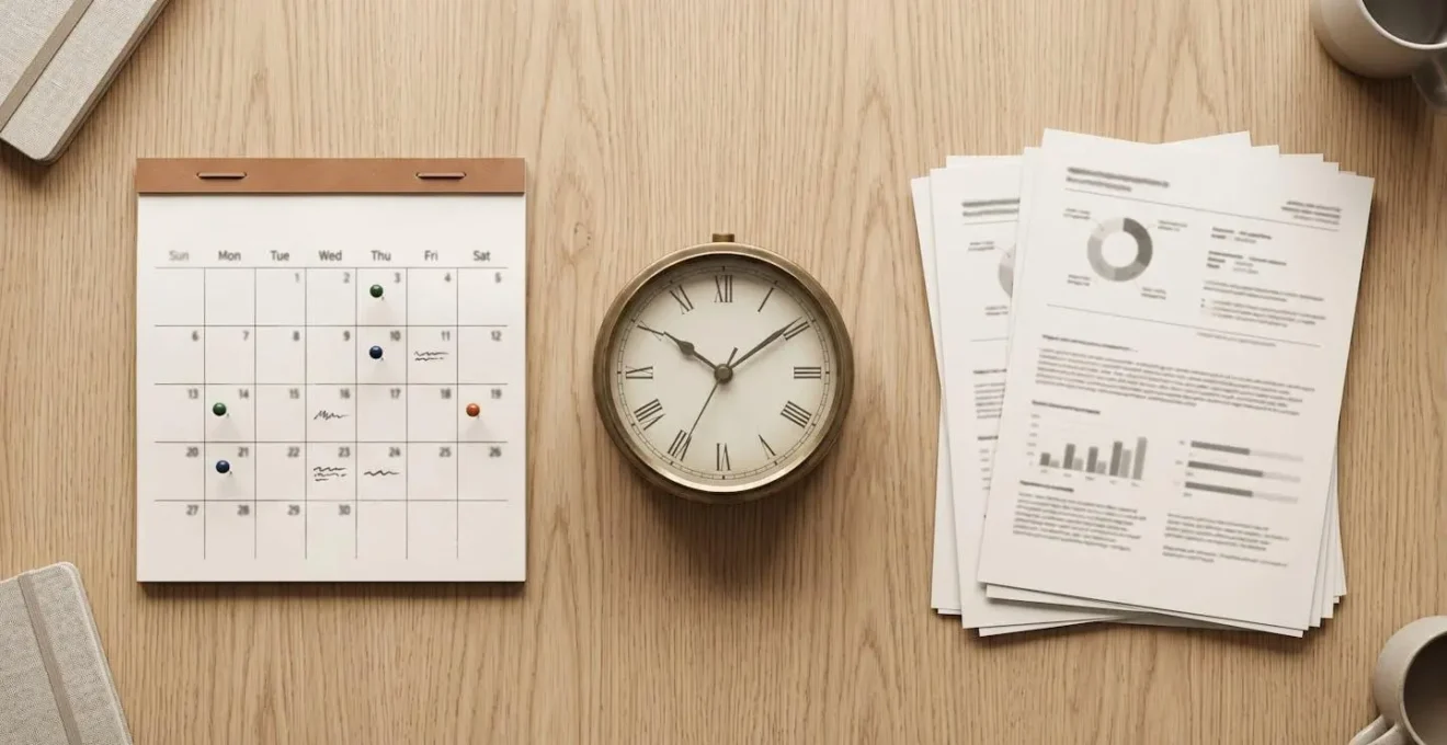 Vue aérienne d'un bureau avec calendrier, horloge et documents fiscaux organisés par trimestre