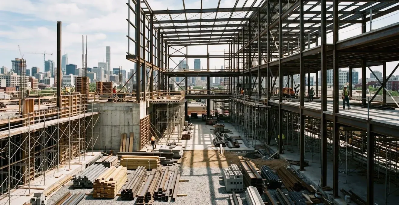 Vue d'ensemble d'un chantier de rénovation lourde avec structure apparente
