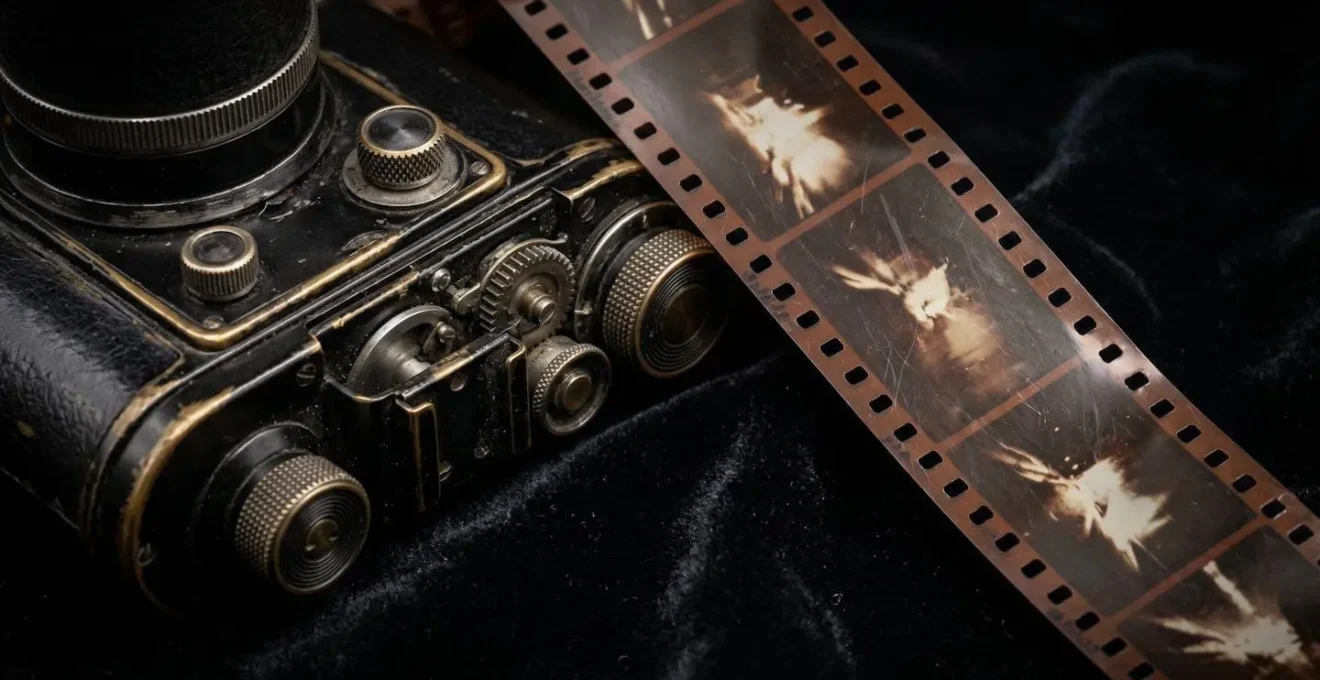 Composition artistique montrant un appareil photo vintage (bilan) et une pellicule de film déroulée (compte de résultat)