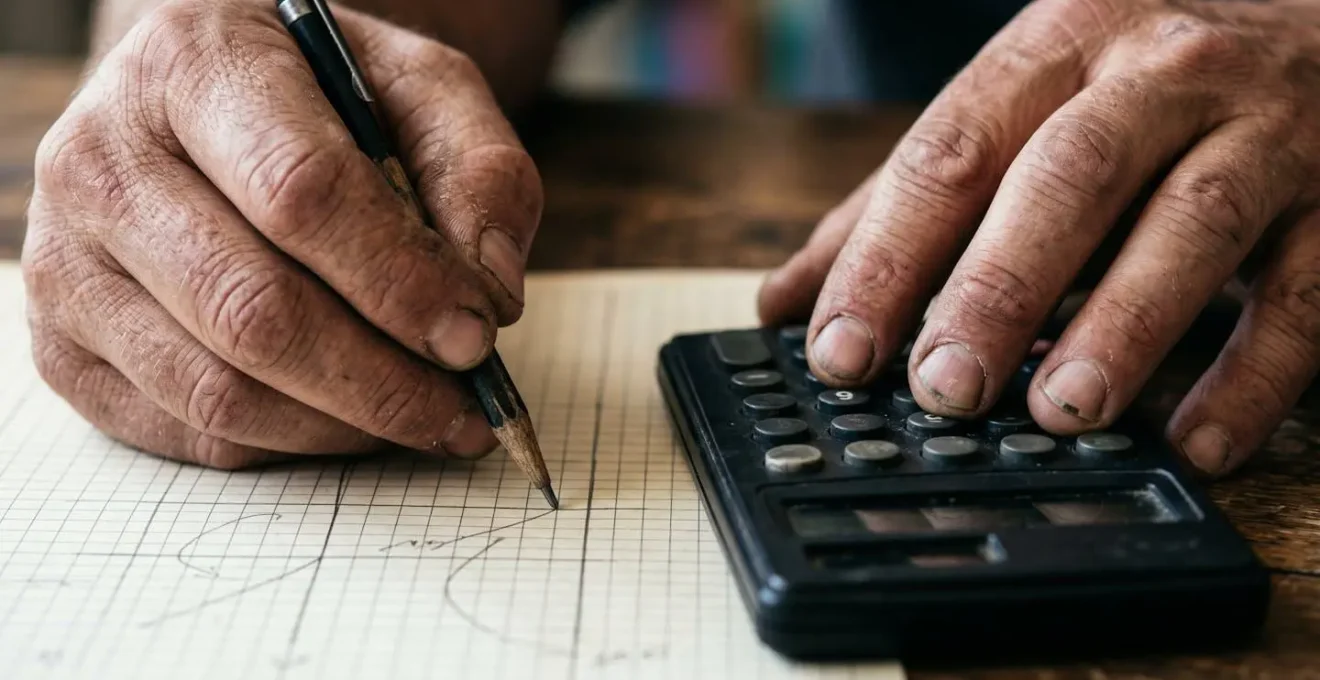 Main d'artisan annotant un tableau de bord financier avec des graphiques de marge et trésorerie