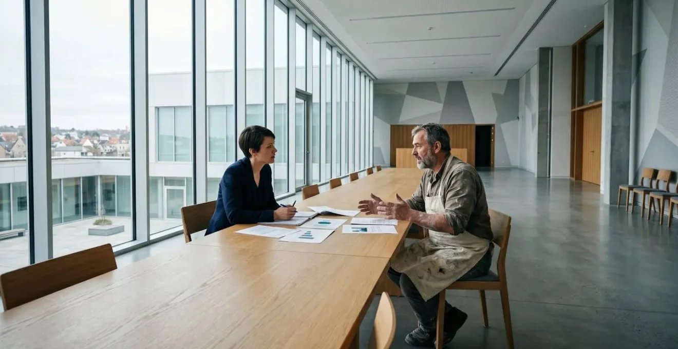 Conseiller départemental expliquant les dispositifs d'aide à un artisan boulanger