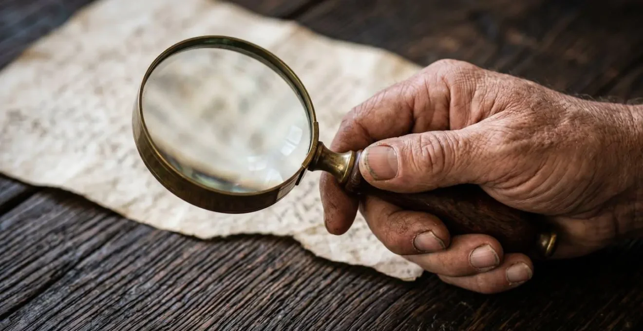 Mains d'artisan examinant un contrat avec une loupe sur un bureau en bois