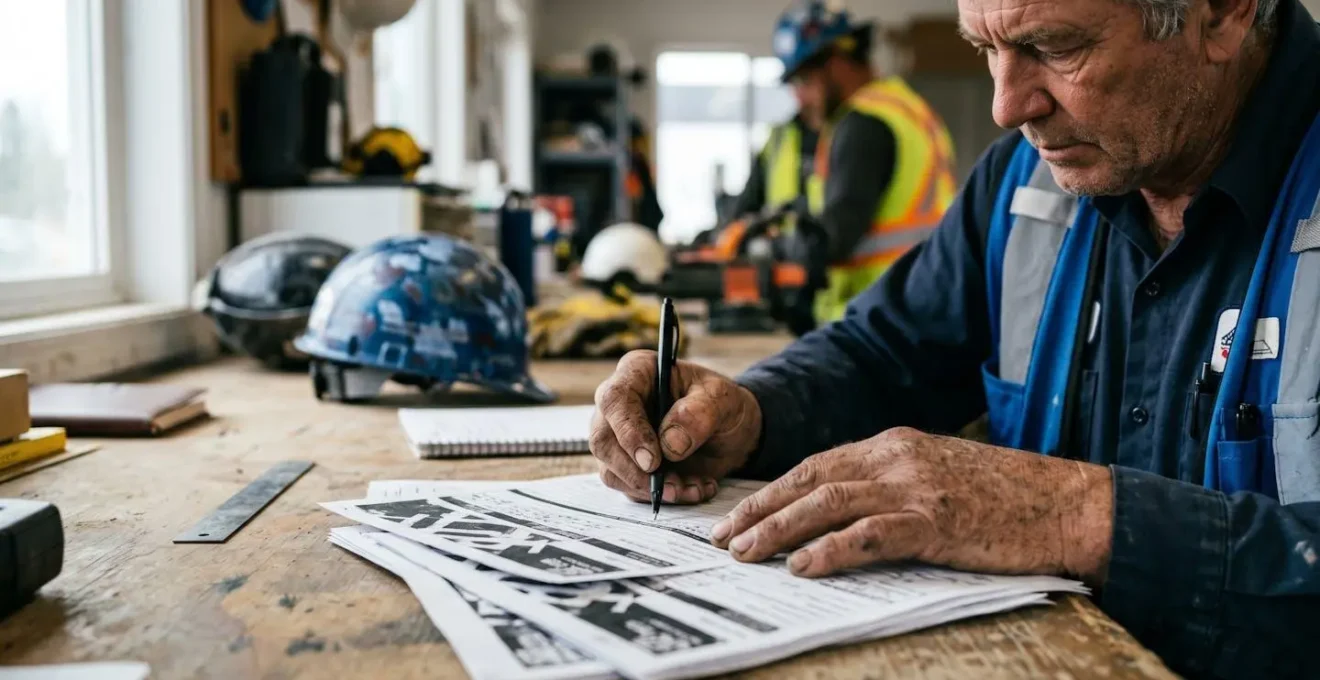 Déclaration d'accident sur chantier BTP avec formulaires administratifs et équipement de sécurité