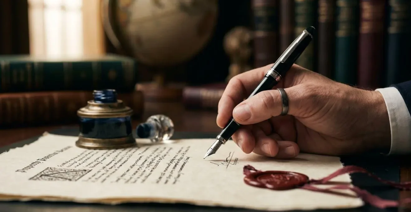 Vue latérale d'une main signant un document chez le notaire avec plume et encrier