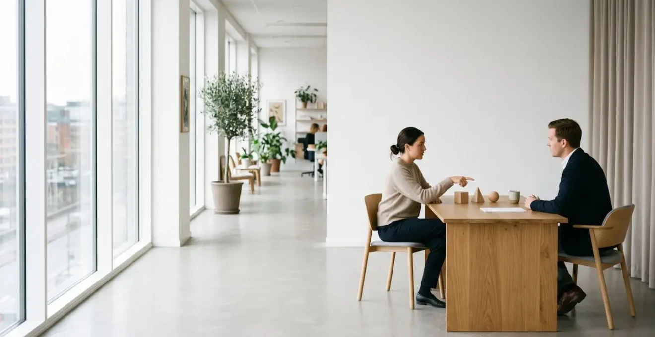 Discussion professionnelle entre gestionnaire paie et employé dans un espace de travail épuré