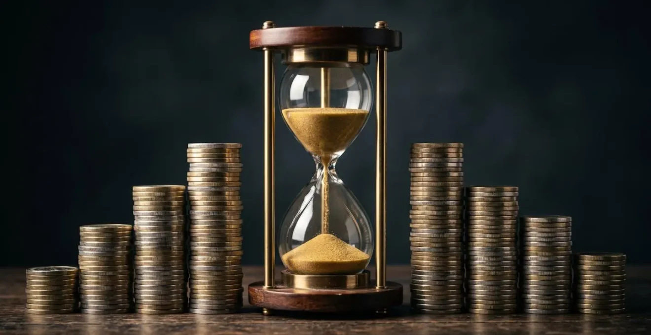 Métaphore visuelle du cash généré par l'activité avec des pièces empilées et un sablier symbolisant la rentabilité