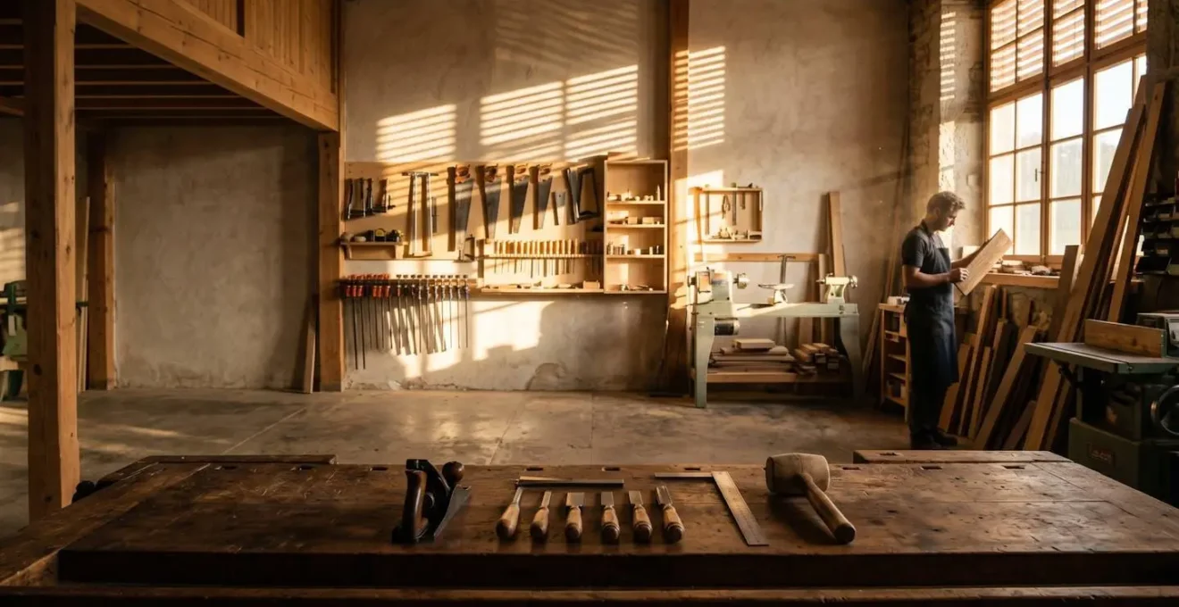 Vue large d'un atelier d'artisan avec établi et outils, ambiance contemplative