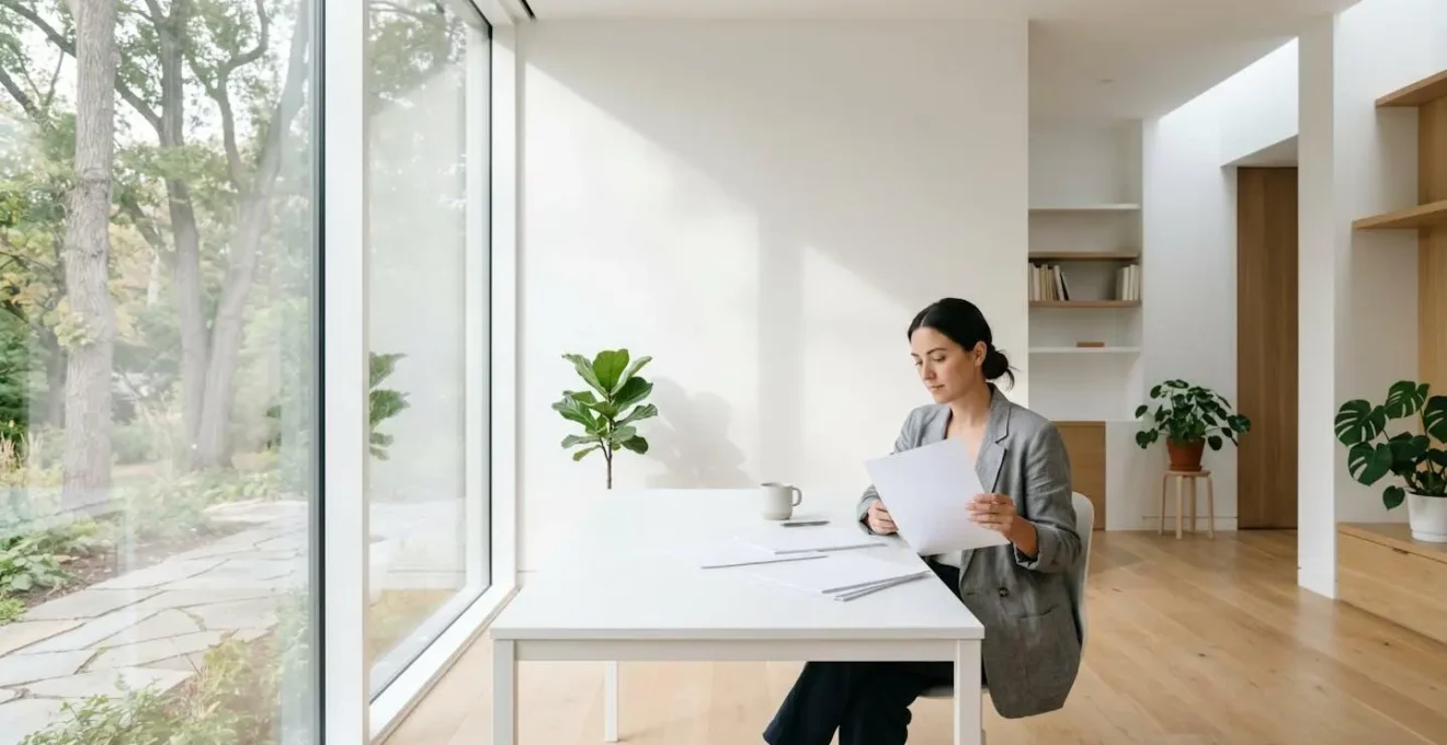Entrepreneur concentré examinant des documents juridiques dans un environnement de travail épuré