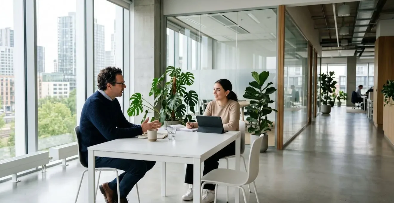 Entretien d'évaluation bienveillant entre un tuteur et son apprenti dans un environnement professionnel